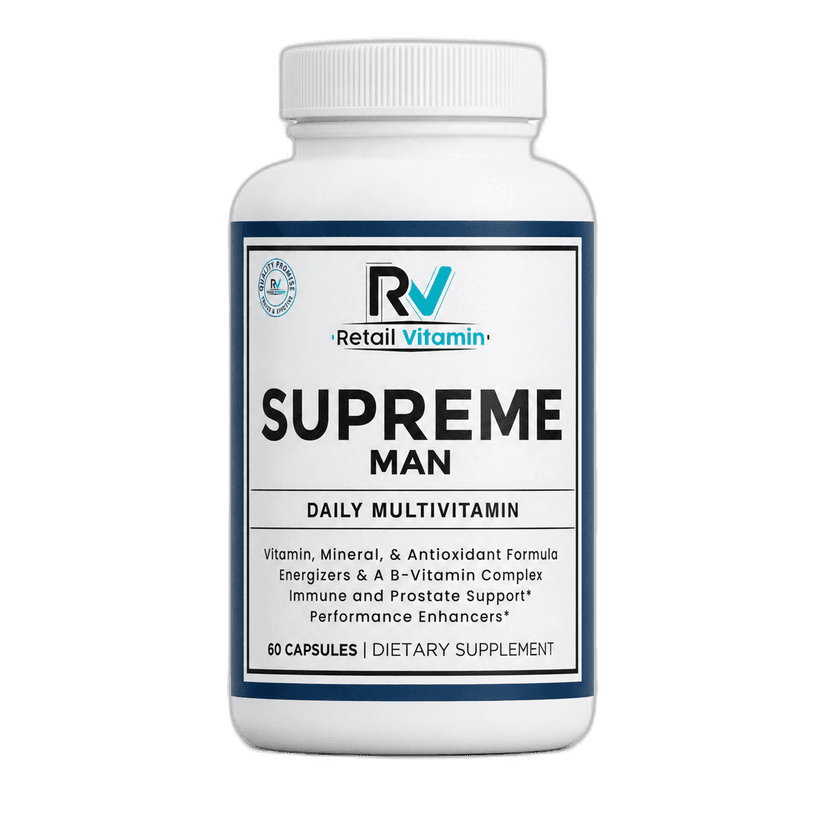 Supreme Man 60-Capsule Men's Multivitamin bottle – blue and white RetailVitamin label for daily nutritional balance